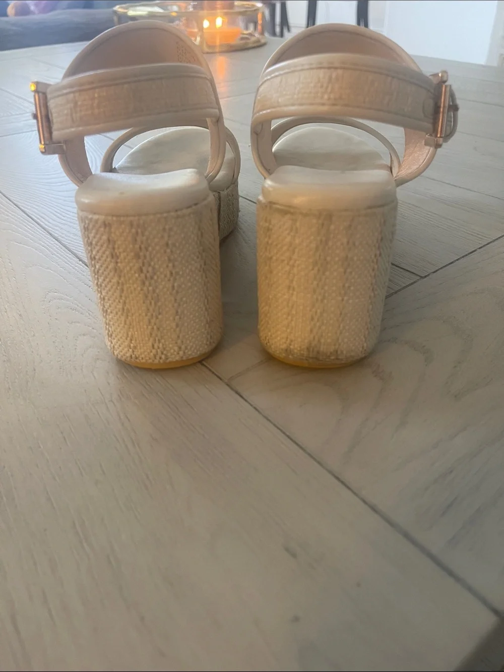 Matisse Cream Woven Platform Sandals with Gold Buckle
